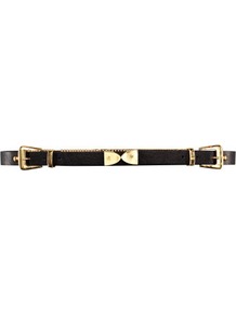 Belt - predominant colour: black; occasions: casual, evening, work; type of pattern: standard; style: classic; size: skinny; worn on: waist; material: faux leather; pattern: plain, two-tone; finish: plain; embellishment: bow, buckles, chain/metal