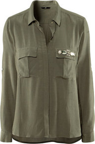 Blouse - neckline: shirt collar/peter pan/zip with opening; pattern: plain; bust detail: added detail/embellishment at bust; length: below the bottom; style: blouse; predominant colour: khaki; occasions: casual, work; fibres: polyester/polyamide - 100%; fit: straight cut; sleeve length: long sleeve; sleeve style: standard; texture group: sheer fabrics/chiffon/organza etc.; pattern type: fabric; pattern size: small & light