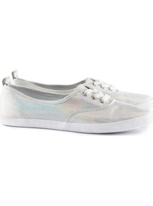 Sneakers - predominant colour: silver; occasions: casual; material: fabric; heel height: flat; toe: round toe; style: trainers; trends: metallics; finish: metallic; pattern: plain, two-tone