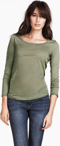 Top - neckline: round neck; pattern: plain; predominant colour: khaki; occasions: casual, work; length: standard; style: top; fibres: cotton - mix; fit: tailored/fitted; sleeve length: long sleeve; sleeve style: standard; pattern type: fabric; pattern size: standard; texture group: jersey - stretchy/drapey