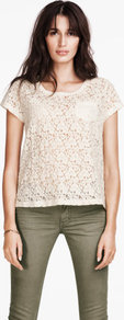 Top - neckline: round neck; pattern: plain, patterned/print; style: t-shirt; bust detail: pocket detail at bust; predominant colour: ivory; occasions: casual, evening, work; length: standard; fibres: cotton - mix; fit: straight cut; back detail: embellishment at back; sleeve length: short sleeve; sleeve style: standard; texture group: lace; pattern type: fabric; pattern size: standard
