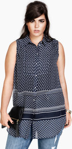 + Blouse - neckline: shirt collar/peter pan/zip with opening; sleeve style: sleeveless; length: below the bottom; style: blouse; predominant colour: navy; occasions: casual, work; fibres: polyester/polyamide - 100%; fit: loose; sleeve length: sleeveless; texture group: sheer fabrics/chiffon/organza etc.; pattern type: fabric; pattern size: small & busy; pattern: patterned/print