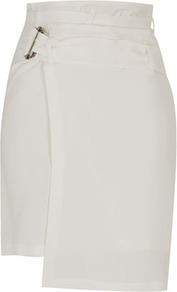 **Silk Wrap Skirt Unique - pattern: plain; style: wrap/faux wrap; fit: tailored/fitted; waist detail: embellishment at waist/feature waistband, belted waist/tie at waist/drawstring; waist: high rise; hip detail: fitted at hip, added detail/embellishment at hip, sculpting darts/pleats/seams at hip; predominant colour: ivory; occasions: casual, evening, work; length: just above the knee; fibres: silk - 100%; texture group: silky - light; pattern type: fabric; pattern size: standard
