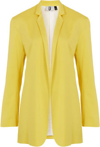 **Yellow Blazer Unique - pattern: plain; style: single breasted blazer; length: below the bottom; hip detail: front pockets at hip; collar: standard lapel/rever collar; predominant colour: yellow; occasions: casual, evening, work, occasion; fit: tailored/fitted; fibres: polyester/polyamide - stretch; sleeve length: long sleeve; sleeve style: standard; texture group: cotton feel fabrics; trends: tuxedo; collar break: low/open; pattern type: fabric; pattern size: standard