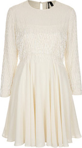 Beaded Fringe Flippy Dress - length: mid thigh; neckline: round neck; bust detail: added detail/embellishment at bust, ruching/gathering/draping/layers/pintuck pleats at bust; waist detail: fitted waist, embellishment at waist/feature waistband; shoulder detail: contrast pattern/fabric at shoulder; predominant colour: ivory; occasions: evening, work, occasion; fit: fitted at waist & bust; style: fit & flare; fibres: polyester/polyamide - 100%; hip detail: structured pleats at hip, soft pleats at hip/draping at hip/flared at hip; back detail: keyhole/peephole detail at back; sleeve length: long sleeve; sleeve style: standard; texture group: sheer fabrics/chiffon/organza etc.; trends: volume; pattern type: fabric; pattern size: standard; embellishment: beading