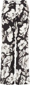 **Silk Flower Trousers Unique - length: standard; style: palazzo; waist detail: fitted waist, wide waistband/cummerbund, narrow waistband; pocket detail: small back pockets, pockets at the sides; waist: mid/regular rise; predominant colour: black; occasions: casual, evening, work, occasion, holiday; fibres: silk - 100%; hip detail: fitted at hip (bottoms); texture group: silky - light; trends: high impact florals; fit: wide leg; pattern type: fabric; pattern size: big & busy; pattern: florals