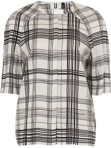 **Silk Dome Sleeve Check Top Unique - neckline: round neck; pattern: checked/gingham; predominant colour: black; occasions: casual, evening, work; length: standard; style: top; fibres: silk - 100%; fit: straight cut; sleeve length: 3/4 length; sleeve style: standard; texture group: silky - light; pattern type: fabric; pattern size: standard