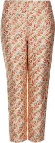 Ditsy Floral Jacquard Trousers - waist detail: fitted waist, narrow waistband; pocket detail: small back pockets, pockets at the sides; waist: mid/regular rise; predominant colour: gold; occasions: casual, evening, occasion; length: ankle length; fibres: polyester/polyamide - mix; hip detail: fitted at hip (bottoms); texture group: ornate wovens; trends: high impact florals, metallics; fit: straight leg; pattern type: fabric; pattern size: small & busy; pattern: florals, patterned/print; style: standard