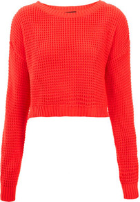 Knitted Textured Stitch Crop Jumper - neckline: round neck; length: cropped; style: standard; predominant colour: bright orange; occasions: casual; fibres: acrylic - 100%; fit: standard fit; sleeve length: long sleeve; sleeve style: standard; texture group: knits/crochet; trends: fluorescent; pattern type: knitted - other; pattern size: standard