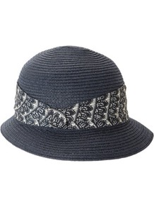 Navy Summer Cloche Hat - predominant colour: navy; occasions: casual, holiday; type of pattern: light; style: cloche; size: standard; material: macrame/raffia/straw; embellishment: ribbon; pattern: plain, patterned/print