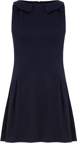 Navy Peter Pan Collar Dress - length: mid thigh; pattern: plain; sleeve style: sleeveless; waist detail: fitted waist; predominant colour: navy; occasions: casual, evening; fit: fitted at waist & bust; style: fit & flare; fibres: polyester/polyamide - stretch; neckline: no opening/shirt collar/peter pan; hip detail: structured pleats at hip, soft pleats at hip/draping at hip/flared at hip; sleeve length: sleeveless; trends: volume; pattern type: fabric; texture group: jersey - stretchy/drapey