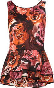 Rose Print Frill Hem Top - neckline: round neck; sleeve style: sleeveless; waist detail: fitted waist, peplum waist detail; back detail: low cut/open back, longer hem at back than at front; occasions: casual, evening, work; length: standard; style: top; fibres: polyester/polyamide - 100%; fit: tailored/fitted; hip detail: soft pleats at hip/draping at hip/flared at hip, ruffles/tiers/tie detail at hip; predominant colour: multicoloured; sleeve length: sleeveless; texture group: sheer fabrics/chiffon/organza etc.; trends: high impact florals, sculptural frills; pattern type: fabric; pattern size: big & busy; pattern: florals, patterned/print