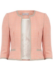 Petite Coral Tweed Jacket - style: cropped; collar: round collar/collarless; length: cropped; pattern: herringbone/tweed, patterned/print; predominant colour: coral; occasions: casual, evening, work, occasion; fit: tailored/fitted; fibres: polyester/polyamide - mix; sleeve length: 3/4 length; sleeve style: standard; collar break: low/open; pattern type: fabric; pattern size: small & light; texture group: tweed - light/midweight