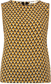 Mustard Geo Print Trim Top - sleeve style: sleeveless; predominant colour: mustard; occasions: casual, evening, work, holiday; length: standard; style: top; fibres: polyester/polyamide - 100%; fit: straight cut; neckline: crew; back detail: embellishment at back; sleeve length: sleeveless; texture group: crepes; trends: modern geometrics; pattern type: fabric; pattern size: small & busy; pattern: patterned/print