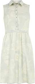 Light Wash Floral Shirt Dress - style: shirt; neckline: shirt collar/peter pan/zip with opening; fit: fitted at waist; sleeve style: sleeveless; waist detail: fitted waist; bust detail: buttons at bust (in middle at breastbone)/zip detail at bust; predominant colour: ivory; secondary colour: light grey; occasions: casual, work, holiday; length: just above the knee; fibres: cotton - 100%; hip detail: ruching/gathering at hip; shoulder detail: added shoulder detail; sleeve length: sleeveless; texture group: cotton feel fabrics; pattern type: fabric; pattern size: small & light; pattern: patterned/print