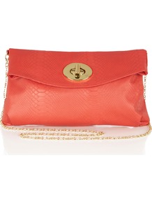 Coral Snake Clutch - predominant colour: coral; occasions: casual, evening, occasion, holiday; type of pattern: light; style: clutch; length: hand carry; size: small; material: faux leather; pattern: animal print, plain; trends: fluorescent; finish: plain; embellishment: chain/metal