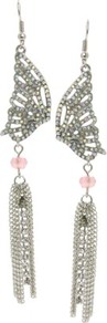 Butterfly Wing Drop Earrings - predominant colour: silver; occasions: evening, occasion; style: drop; length: long; size: large/oversized; material: chain/metal; fastening: pierced; finish: metallic; embellishment: beading, chain/metal, crystals