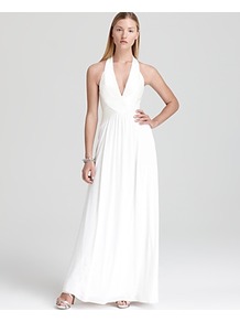 Halter Gown Banded Bodice - pattern: plain; sleeve style: sleeveless; style: maxi dress; waist detail: fitted waist, twist front waist detail/nipped in at waist on one side/soft pleats/draping/ruching/gathering waist detail; neckline: halter neck; back detail: low cut/open back; predominant colour: white; occasions: evening, occasion; length: floor length; fit: fitted at waist & bust; fibres: polyester/polyamide - stretch; hip detail: soft pleats at hip/draping at hip/flared at hip; sleeve length: sleeveless; pattern type: fabric; texture group: jersey - stretchy/drapey