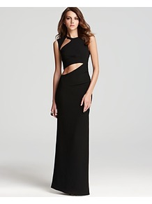 Gown Sleeveless Cutout - pattern: plain; sleeve style: sleeveless; style: maxi dress; waist detail: fitted waist, cut out detail; back detail: low cut/open back, keyhole/peephole detail at back; hip detail: fitted at hip; predominant colour: black; occasions: evening, occasion; length: floor length; fit: body skimming; fibres: polyester/polyamide - 100%; neckline: crew; shoulder detail: asymmetric shoulder detail/one shoulder, cut out shoulder; sleeve length: sleeveless; pattern type: fabric; pattern size: standard; texture group: other - light to midweight