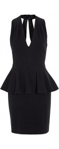 Herringbone Peplum Dress - style: shift; length: mini; fit: tailored/fitted; pattern: plain, herringbone/tweed; sleeve style: sleeveless; waist detail: fitted waist, peplum waist detail; neckline: halter neck; back detail: low cut/open back; hip detail: fitted at hip; predominant colour: black; occasions: evening, occasion; fibres: cotton - mix; sleeve length: sleeveless; trends: volume; pattern type: fabric; pattern size: standard; texture group: jersey - stretchy/drapey
