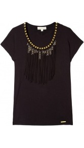 Gold Chain Fringe Trim Wedge Top - neckline: round neck; sleeve style: capped; bust detail: added detail/embellishment at bust; style: t-shirt; predominant colour: black; occasions: casual, evening, work; length: standard; fibres: polyester/polyamide - stretch; fit: straight cut; sleeve length: short sleeve; pattern type: fabric; texture group: jersey - stretchy/drapey; embellishment: fringing