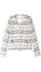 Lizzie Woven Jacket - pattern: horizontal stripes, striped, herringbone/tweed; collar: round collar/collarless; style: boxy; predominant colour: ivory; occasions: casual, evening, work; length: standard; fit: straight cut (boxy); fibres: cotton - mix; sleeve length: long sleeve; sleeve style: standard; collar break: high; pattern type: fabric; pattern size: standard; texture group: tweed - light/midweight