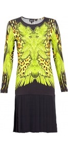 Printed Jersey Dress - neckline: round neck; style: drop waist; waist detail: fitted waist, structured pleats at waist; predominant colour: lime; occasions: evening, occasion; length: just above the knee; fit: body skimming; fibres: polyester/polyamide - stretch; hip detail: contrast fabric/print detail at hip, structured pleats at hip; sleeve length: long sleeve; sleeve style: standard; trends: statement prints, fluorescent; pattern type: fabric; pattern size: big & busy; pattern: patterned/print; texture group: jersey - stretchy/drapey