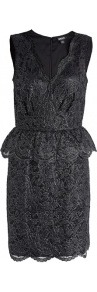 Metallic Floral Lace V Neck Dress - style: shift; neckline: v-neck; fit: tailored/fitted; sleeve style: sleeveless; waist detail: fitted waist, peplum waist detail; predominant colour: black; occasions: evening, occasion; length: just above the knee; fibres: nylon - mix; sleeve length: sleeveless; texture group: lace; trends: glamorous day shifts, metallics; hip detail: ruffles/tiers/tie detail at hip; pattern type: fabric; pattern size: standard; embellishment: embroidered