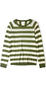 Pesto And Cream Stripe Knit Jumper - neckline: round neck; pattern: horizontal stripes; style: standard; predominant colour: dark green; occasions: casual, work; length: standard; fibres: wool - mix; fit: standard fit; sleeve length: long sleeve; sleeve style: standard; texture group: knits/crochet; trends: striking stripes; pattern type: knitted - other; pattern size: standard