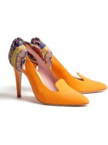 Printed Bow Back Leather Slingback Heels - predominant colour: mustard; occasions: casual, evening, work, occasion; material: leather; heel height: high; ankle detail: ankle tie; heel: stiletto; toe: pointed toe; style: slingbacks; trends: statement prints; finish: plain; pattern: paisley, patterned/print, plain; embellishment: bow