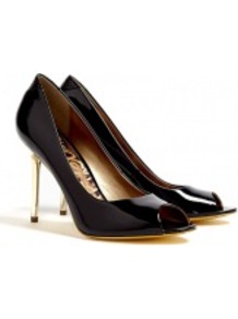 Black Patent Peeptoe Stiletto Shoes - predominant colour: black; occasions: casual, evening, work, occasion; material: leather; heel height: high; heel: stiletto; toe: open toe/peeptoe; style: courts; finish: patent; pattern: plain