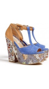Paris Map Print Platform T Bar Sandals - predominant colour: denim; occasions: casual, evening, holiday; material: fabric; heel height: high; embellishment: buckles; ankle detail: ankle strap; heel: platform; toe: open toe/peeptoe; style: standard; trends: statement prints; finish: plain; pattern: patterned/print, colourblock