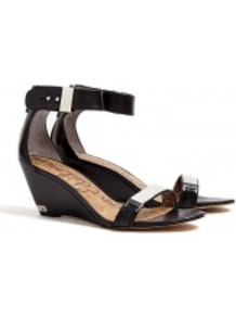 Black Serena Wedge Sandals - predominant colour: black; occasions: casual, evening, occasion, holiday; material: leather; heel height: mid; embellishment: buckles, chain/metal; ankle detail: ankle strap; heel: wedge; toe: open toe/peeptoe; style: standard; finish: plain; pattern: plain