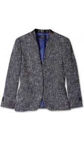 Tweed Edge To Edge Jacket With Leather Trim Paul Smith Bl - pattern: plain, herringbone/tweed; style: single breasted blazer; collar: standard lapel/rever collar; predominant colour: navy; occasions: casual, evening, work; length: standard; fit: tailored/fitted; fibres: cotton - mix; waist detail: fitted waist; sleeve length: 3/4 length; sleeve style: standard; collar break: low/open; pattern type: fabric; pattern size: standard; texture group: tweed - light/midweight