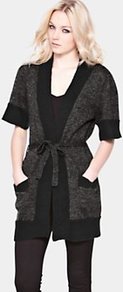Olivia Cardigan, Grey - neckline: low v-neck; pattern: plain; length: below the bottom; hip detail: front pockets at hip; predominant colour: charcoal; occasions: casual, work; style: standard; fibres: acrylic - 100%; fit: standard fit; waist detail: belted waist/tie at waist/drawstring; sleeve length: short sleeve; sleeve style: standard; texture group: knits/crochet; pattern type: knitted - other; pattern size: standard
