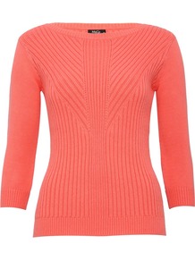 Women's Jumper Rib Body Con - neckline: slash/boat neckline; pattern: plain; style: standard; predominant colour: coral; occasions: casual, work; length: standard; fibres: cotton - stretch; fit: slim fit; sleeve length: 3/4 length; sleeve style: standard; texture group: knits/crochet; pattern type: knitted - fine stitch; pattern size: standard
