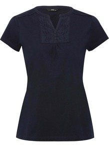 Women's Top Ss Notch Neck Woven Bib - pattern: plain; predominant colour: black; occasions: casual; length: standard; style: top; neckline: mandarin with v-neck; fibres: cotton - 100%; fit: tailored/fitted; sleeve length: short sleeve; sleeve style: standard; texture group: jersey - stretchy/drapey
