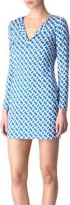 Reina Tunic Dress - neckline: low v-neck; length: below the bottom; secondary colour: white; predominant colour: diva blue; occasions: casual, evening, holiday; style: top; fibres: silk - 100%; fit: body skimming; sleeve length: long sleeve; sleeve style: standard; texture group: crepes; pattern type: fabric; pattern size: small & busy; pattern: patterned/print