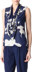 Amya Top - neckline: cowl/draped neck; sleeve style: sleeveless; bust detail: added detail/embellishment at bust, ruching/gathering/draping/layers/pintuck pleats at bust; predominant colour: navy; occasions: casual, evening, work; length: standard; style: top; fibres: silk - 100%; fit: straight cut; sleeve length: sleeveless; texture group: silky - light; pattern type: fabric; pattern size: standard; pattern: florals, patterned/print