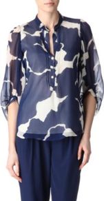 Syrah Top - sleeve style: balloon; style: blouse; bust detail: buttons at bust (in middle at breastbone)/zip detail at bust; secondary colour: ivory; predominant colour: navy; occasions: casual, evening, work; length: standard; neckline: collarstand; fibres: silk - 100%; fit: body skimming; sleeve length: 3/4 length; texture group: sheer fabrics/chiffon/organza etc.; pattern type: fabric; pattern size: big & light; pattern: patterned/print