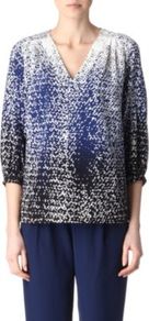 New Cahil Top - neckline: v-neck; sleeve style: balloon; predominant colour: navy; secondary colour: black; occasions: casual, evening, work; length: standard; style: top; fibres: silk - 100%; fit: straight cut; sleeve length: 3/4 length; texture group: silky - light; trends: statement prints; pattern type: fabric; pattern size: small & busy; pattern: patterned/print
