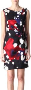 New Della Dress - style: shift; neckline: slash/boat neckline; fit: tailored/fitted; sleeve style: sleeveless; waist detail: belted waist/tie at waist/drawstring; secondary colour: true red; predominant colour: black; occasions: evening, work; length: just above the knee; fibres: silk - 100%; sleeve length: sleeveless; texture group: crepes; trends: statement prints; pattern type: fabric; pattern size: big & busy; pattern: florals