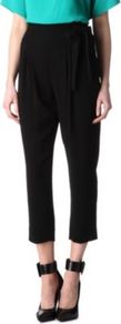 Keaka Harem Trousers - pattern: plain; style: harem/slouch; waist detail: fitted waist, wide waistband/cummerbund, belted waist/tie at waist/drawstring; pocket detail: pockets at the sides; waist: mid/regular rise; predominant colour: black; occasions: casual, evening, work; length: calf length; fibres: silk - 100%; hip detail: draped at hip/ruched, front pleats at hip level; texture group: crepes; fit: tapered; pattern type: fabric