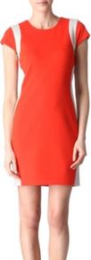 Pele Two Tone Dress - style: shift; length: mid thigh; neckline: round neck; sleeve style: capped; fit: tailored/fitted; pattern: plain, striped, patterned/print, colourblock; waist detail: fitted waist; hip detail: fitted at hip, contrast fabric/print detail at hip; shoulder detail: contrast pattern/fabric at shoulder; predominant colour: bright orange; occasions: casual, evening, work, occasion, holiday; fibres: polyester/polyamide - stretch; sleeve length: short sleeve; texture group: crepes; trends: sporty redux, glamorous day shifts; pattern type: fabric; pattern size: big & light