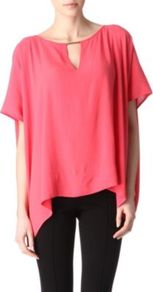 Beonica Tunic Top - sleeve style: dolman/batwing; pattern: plain; style: smock; predominant colour: coral; occasions: casual, evening, work, holiday; length: standard; neckline: peep hole neckline; fibres: polyester/polyamide - 100%; fit: loose; hip detail: dip hem; back detail: longer hem at back than at front; sleeve length: short sleeve; trends: volume; pattern type: fabric; texture group: jersey - stretchy/drapey