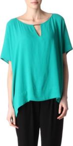 Beonica Tunic Top - sleeve style: dolman/batwing; pattern: plain; predominant colour: emerald green; occasions: casual, evening, holiday; length: standard; style: top; neckline: peep hole neckline; fibres: polyester/polyamide - 100%; fit: loose; back detail: longer hem at back than at front; sleeve length: short sleeve; texture group: crepes; trends: volume; pattern type: fabric