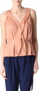 Bahar Top - neckline: low v-neck; pattern: plain; sleeve style: sleeveless; waist detail: elasticated waist, fitted waist, narrow waistband; bust detail: ruching/gathering/draping/layers/pintuck pleats at bust, tiers/frills/bulky drapes/pleats; predominant colour: nude; occasions: casual, evening, work, holiday; length: standard; style: top; fibres: silk - mix; fit: tailored/fitted; shoulder detail: flat/draping pleats/ruching/gathering at shoulder; sleeve length: sleeveless; texture group: silky - light; trends: sculptural frills; pattern type: fabric