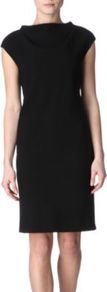 Cowl Neck Shift Dress - style: shift; sleeve style: capped; fit: tailored/fitted; pattern: plain; neckline: high neck; waist detail: fitted waist; hip detail: fitted at hip; bust detail: ruching/gathering/draping/layers/pintuck pleats at bust; predominant colour: black; occasions: evening, work, occasion; length: just above the knee; fibres: wool - mix; sleeve length: sleeveless; trends: glamorous day shifts; pattern type: fabric; pattern size: standard; texture group: other - bulky/heavy