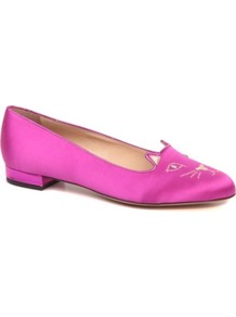 Kitty Satin Pumps - predominant colour: hot pink; occasions: casual, evening, work, holiday; material: satin; heel height: flat; embellishment: embroidered; toe: round toe; style: ballerinas / pumps; trends: fluorescent; finish: fluorescent; pattern: patterned/print, plain