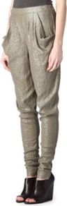 Sequinned Trousers - length: standard; pattern: plain; waist detail: elasticated waist, fitted waist, narrow waistband; style: peg leg; hip detail: front pockets at hip, draped at hip/ruched; pocket detail: pockets at the sides; waist: mid/regular rise; predominant colour: gold; occasions: casual, evening, work, occasion; fibres: polyester/polyamide - stretch; trends: metallics; fit: tapered; pattern type: fabric; pattern size: small & light; texture group: jersey - stretchy/drapey; embellishment: sequins